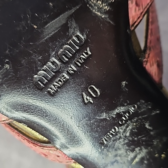 Miu Miu Gold Peach Pink Coral Orange Round Mary Jane Leather Heel Wedge Sz.40 - Picture 6 of 8